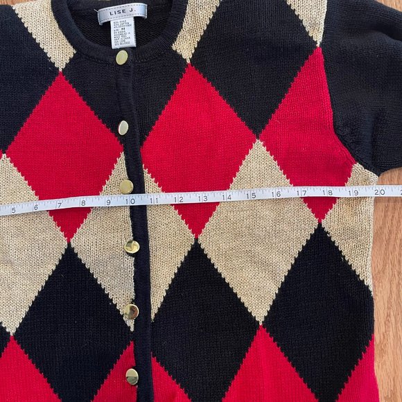 LISE J. Vintage Harlequin Argyle Button Down Cardigan Black Red Gold Size Med - Picture 5 of 7